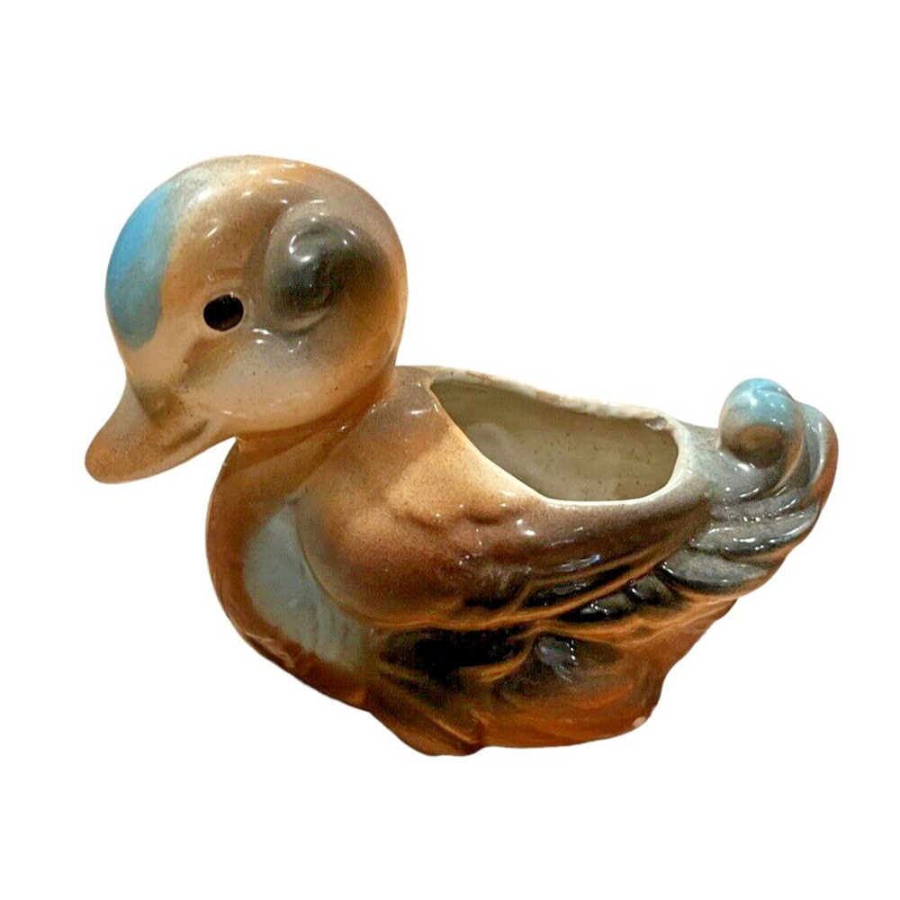 Royal Copley Ceramic Duck Planter VTG Blue Brown Duckling Baby Mallard Plants